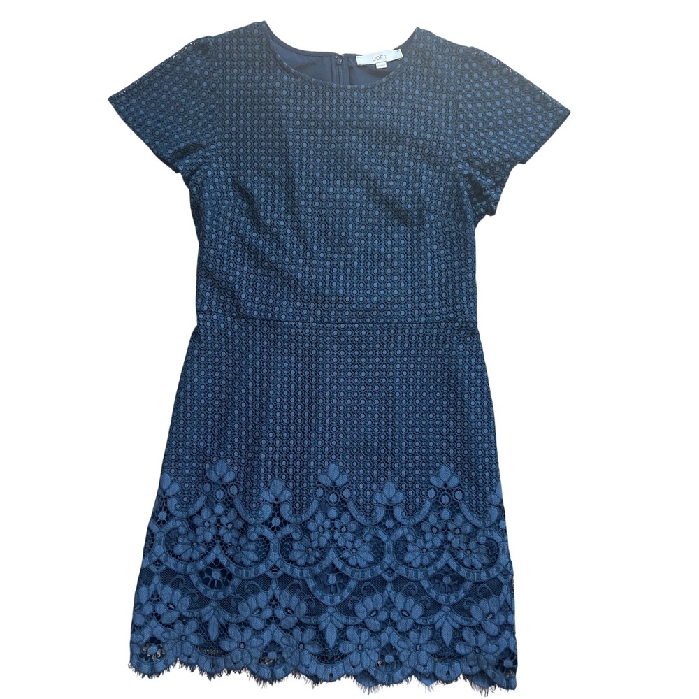 LOFT Navy Blue Lace Overlay Dress‎ Short Sleeve Sheath Cocktail Size 10